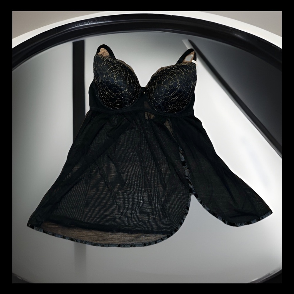 Daisy Fuentes Intimates Black Mesh Full Figure Babydoll Set Sz 2XL Style DF2151